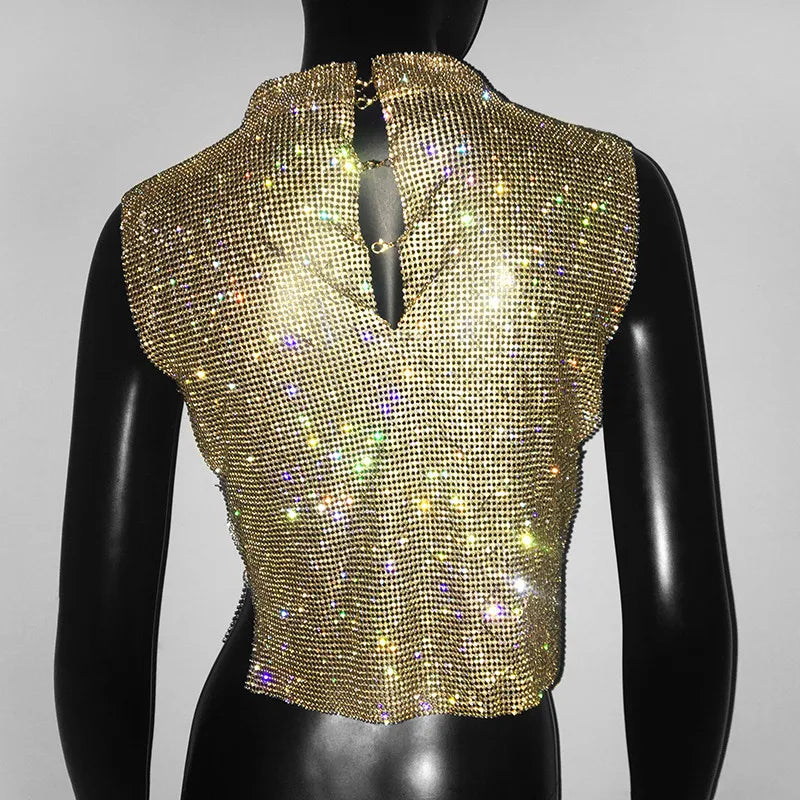 Sexy Rhinestone Backless Party Crop Top Women Glitter Turtleneck TShirt Adjustable Metal Chain Summer Nightculb Diamond Tank Top