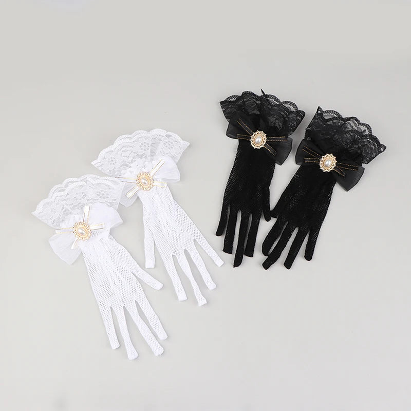 Girl Lolita Mesh Bow Flower Lace Gloves Black White Lace Gloves lolita Lace Sleeves Cosplay Jewelry
