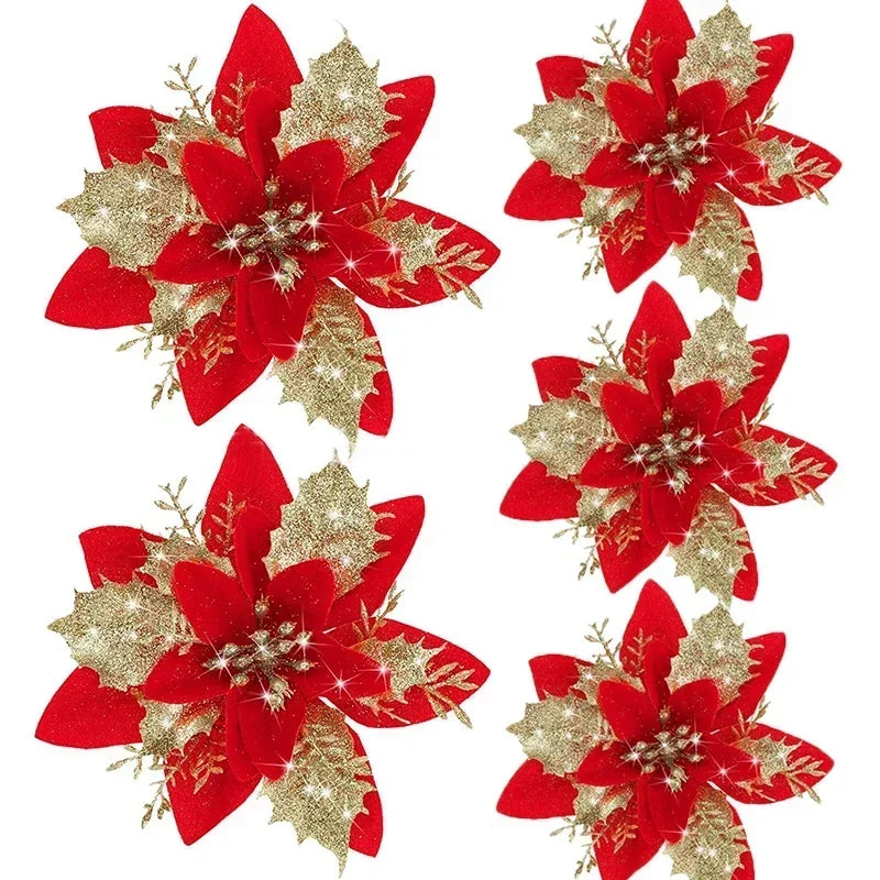 5pcs 14.5cm Glitter Artifical Christmas Flowers Mreey Christmas Tree Decoration Happy New Year Ornaments Xmas Fake Flowers natal