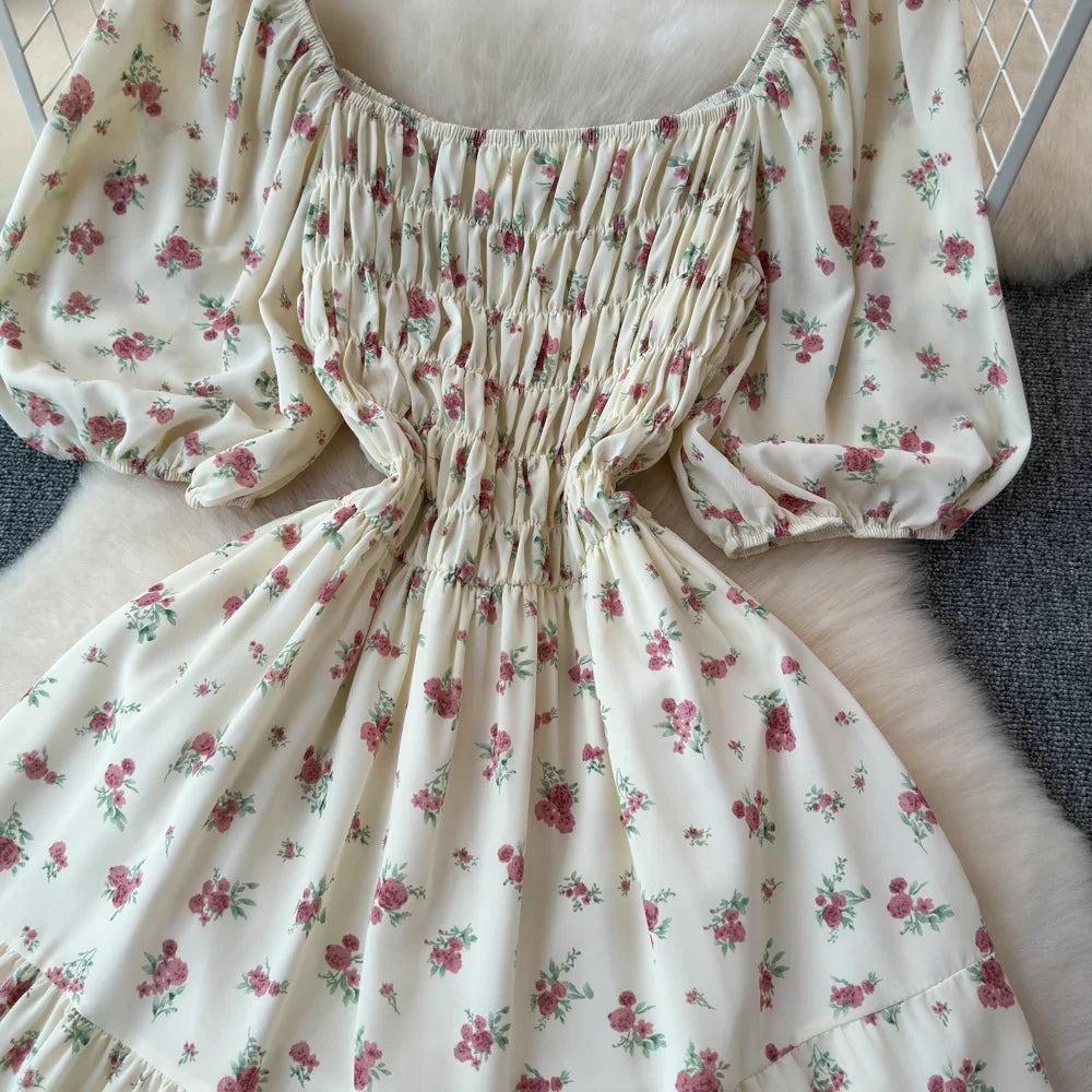 2024 New Summer Flower Print Long Dress Women Vintage Square Neck Ruched Chest Sash Bandage Sundress Party Vestidos