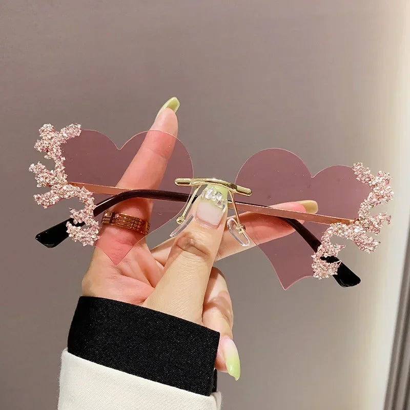 Rimless Sunglasses Women Luxury Brand Rhinestone Sun Glasses Ladies Cute Heart Shape Punk Party Eyewear очки від сонця женские