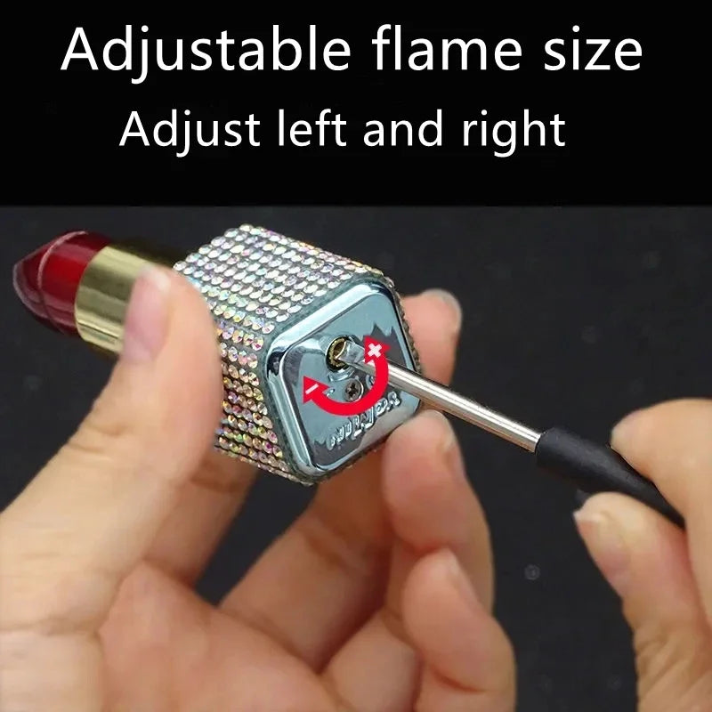 Luxury Diamond Lipstick Inflatable Lighter Mini Butane Pink Water Diamond Portable Lighter High End Women's Smoking Gift
