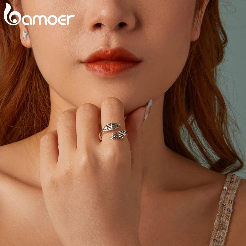 BAMOER Genuine 925 Sterling Silver Vintage Hug Hand Open Ring for Women Retro Finger Ring Fine Jewelry Birthday Gift BSR608-E
