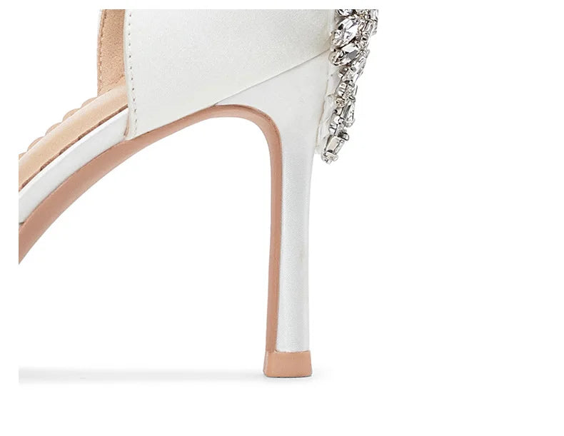 Baotou Hollow High Heel Women's Sandals Pointed Tip Thin Heel One-word Button Rhinestone Wedding Shoes Bridal Shoes