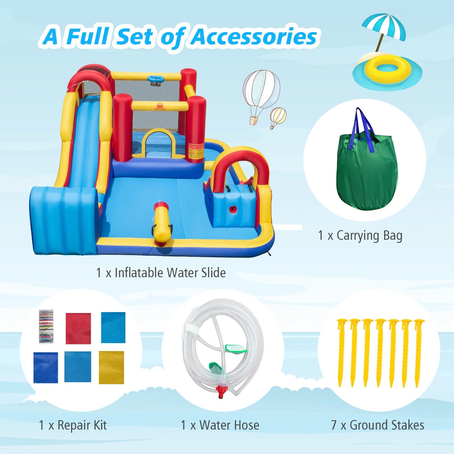 Inflatable Water Slide Giant Kids Water Park w/ Double Slides without Blower