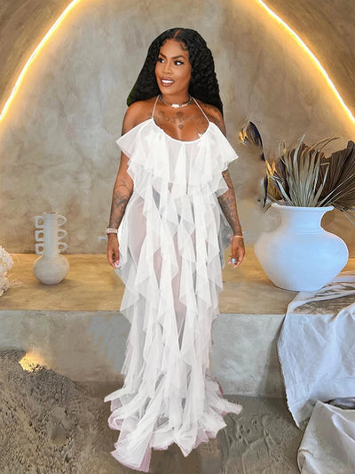 Chic and Elegant Summer Dress Women Halter Sexy Birthday Dress Transparent Mesh Backless Maxi Dress Wholesale Dropshipping