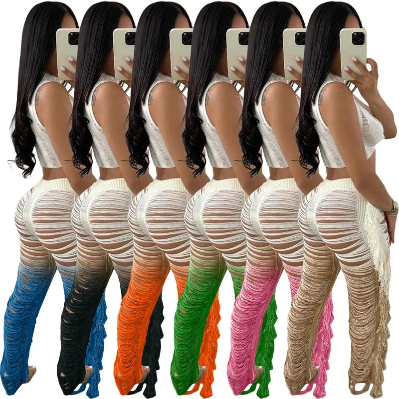 Gradient Color Crochet Two Piece Set for Women Summer Beach Crop Top and Wide Leg Pants Tassel Hollow Out Hole Vacation Outfits