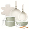 17pcs Cookware Set Non Stick, Green Stackable Cooking Pots and Pans Set with Removable Bakelite Handle and Glass Lid, Oven Safe