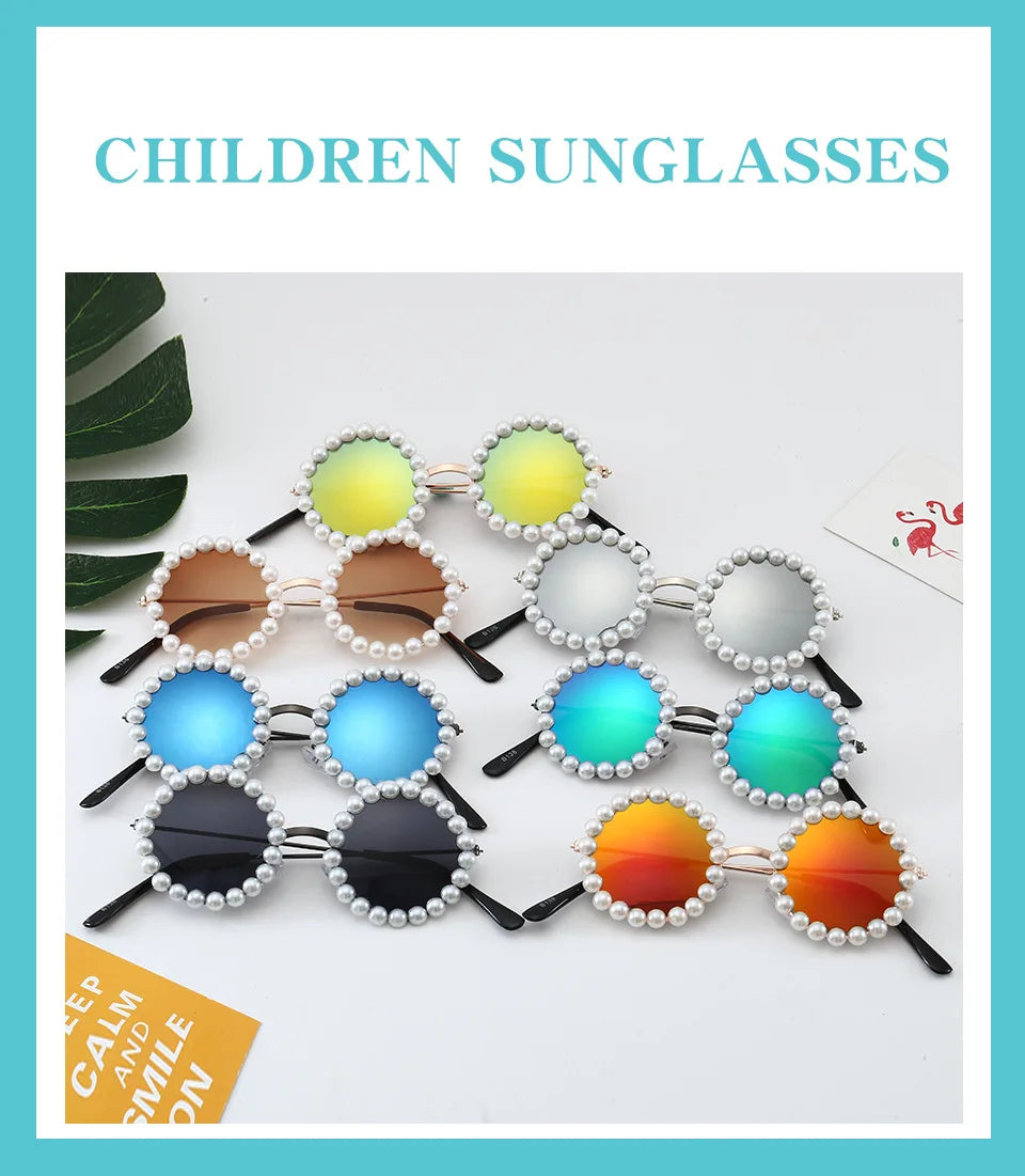 New Children's Circle Form Sunglasses Girl Decorative Pearl Frame Fashion Sun Glasses Cute Baby Outdoor Sunshade Eyewear UV400