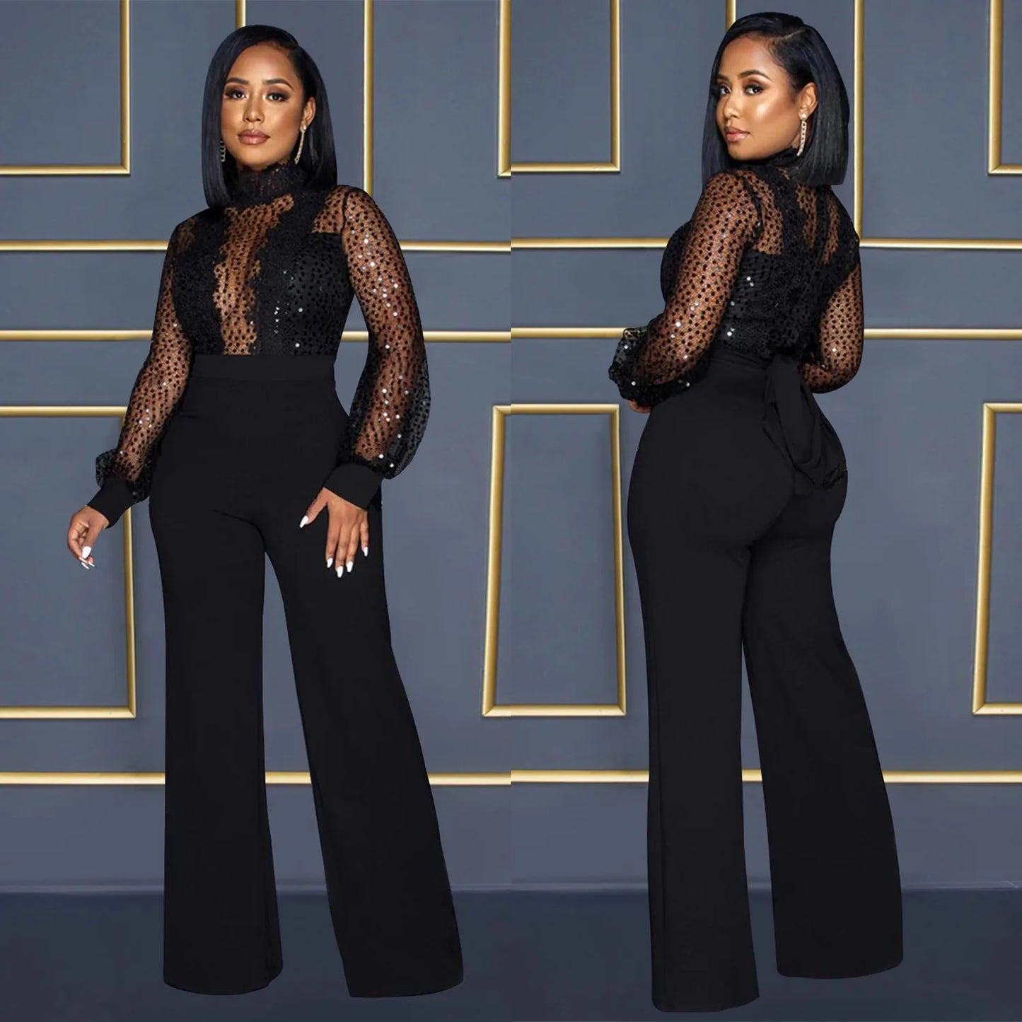 Fashion Women's Clothing Hollow Long-sleeved Loose Wide Leg Jumpsuits Overall Pants Solid Color Sexy Lace
