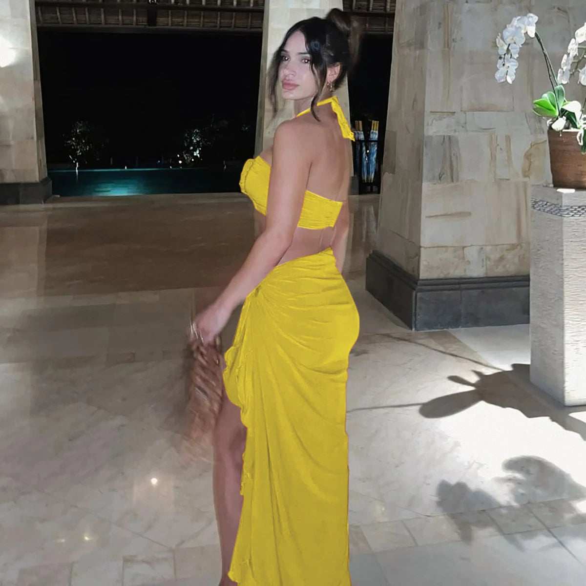 Hugcitar Fashion 2 Pcs Sets Strapless Tie Flower Draped Sexy Crop Tank Top Slit Tassel Maxi Skirt Women Outfit Festival Party