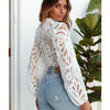 Sexy Long Sleeve White Lace Shirts Women Blouses Casual Crochet Hollow Out Elegant Tops Cropped Turtleneck Blusas 16296