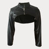 Chic Women's Faux Leather Jacket - Sexy Zip-Up Crop Top with Stand Collar, Long Sleeve, Solid Color -  PU Leather Jacket