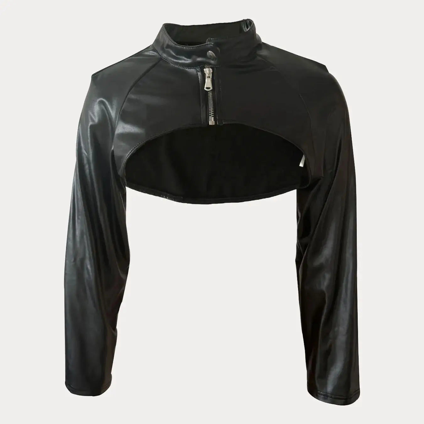 Chic Women's Faux Leather Jacket - Sexy Zip-Up Crop Top with Stand Collar, Long Sleeve, Solid Color -  PU Leather Jacket