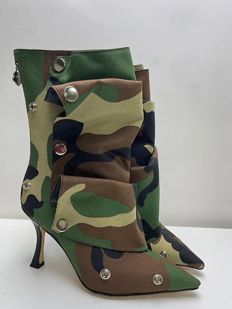 2025 Classics Women Pointed Toe Strange Heels Boots For Woman's Rivet Button Zipper-Sid Solid Color High Heels Shoes Botas Altas