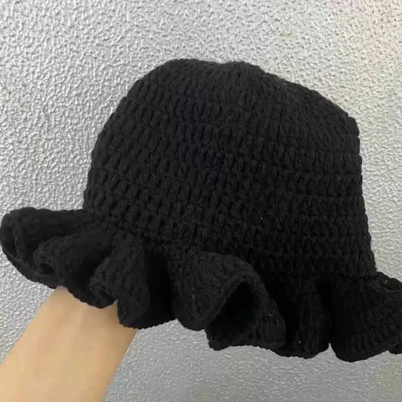 Handmade knitted hat with pleated ruffle edges and lace for both men and women, quirky and creative adult hat