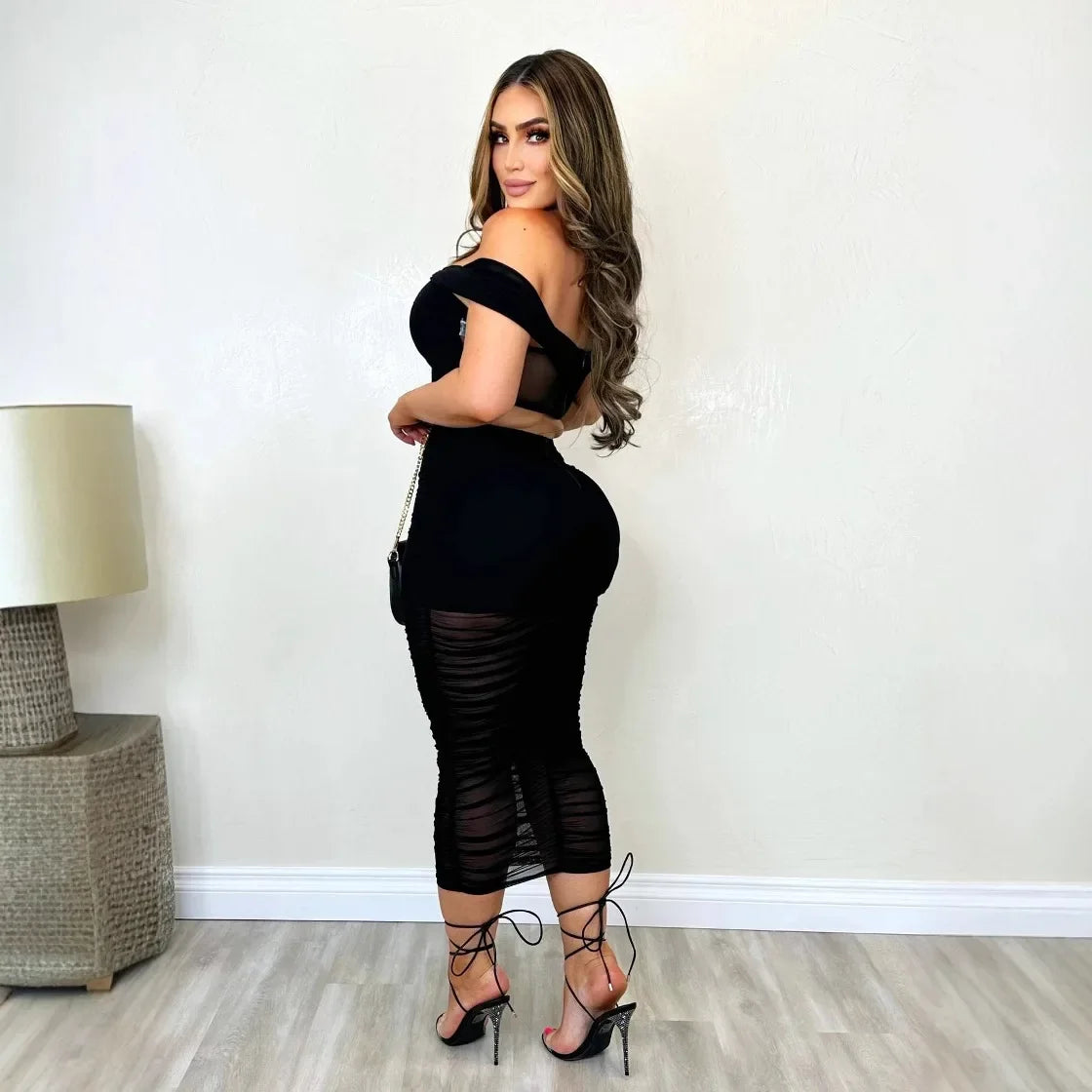 S10632 Sexy Slimming Mesh Splice Bum Covering Visibility Elastic Off-Shoulder 2-Piece Set European And American Style
