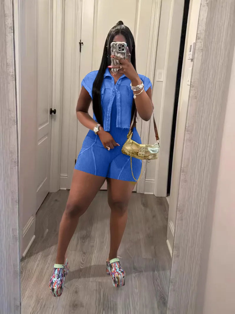 HLJ High Quality Women's Shorts Outfits Cotton Crop Jacket+Bodysuits 2 Piece Set Casual Vintage Two Piece Set Women's Spring New