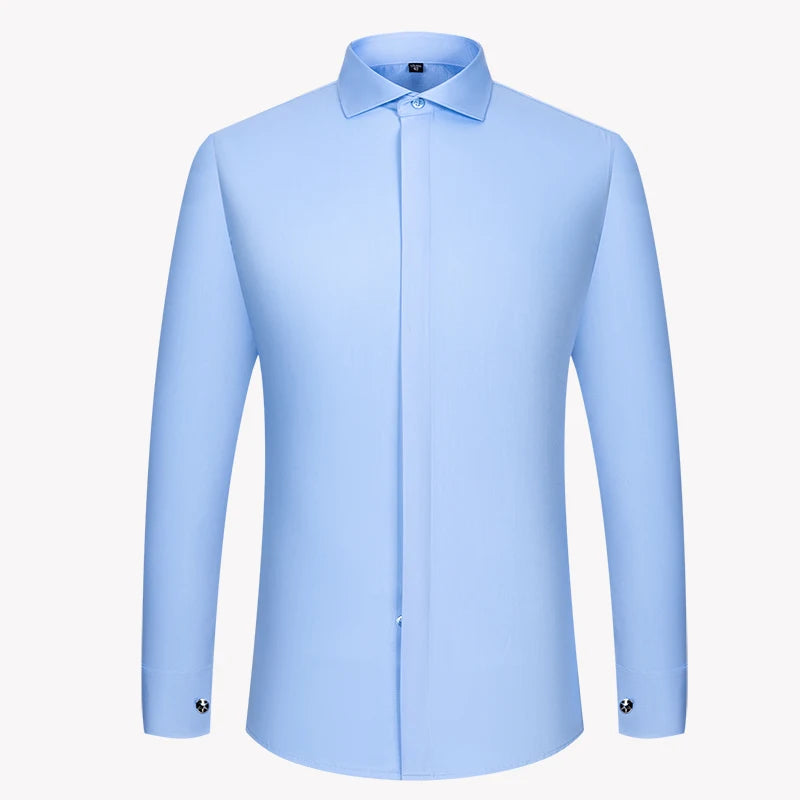 Men's French cufflink shirt with long sleeves slim fit concealed buttons solid color high end wedding dress formal men's