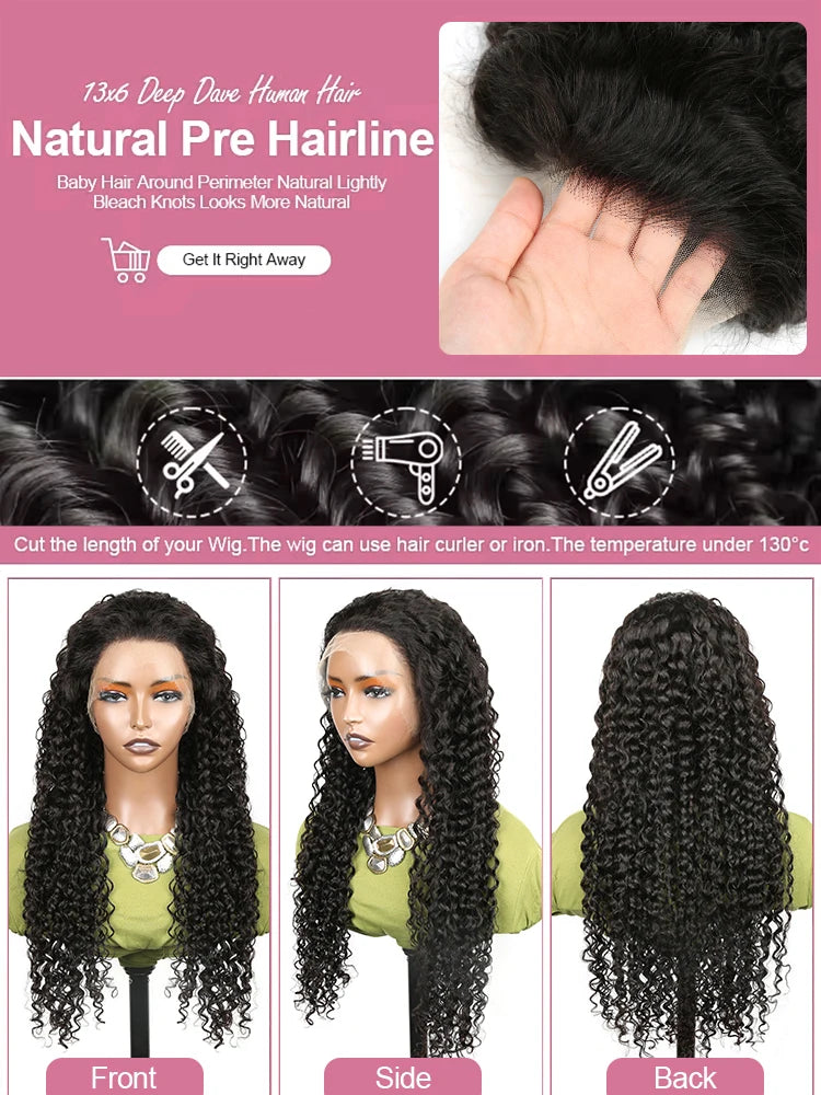 40 50 Inch HD 13x6 Deep Wave Lace Frontal Wigs Brazilian 13x4 Water Wave Curly Lace Front Human Hair Wigs For Women 300 Density