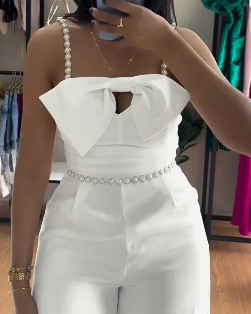 Spring New Jumpsuit Women Bandeau Beaded Spaghetti Strap Bowknot Design Ruched Slim Fit Elegant Wide-Leg Overall Female Jumpsuit