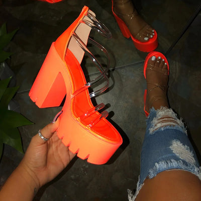 Women'S Fashionable Sandals Heels Asymmetric Transparent Strap Design Thick Heels Zipper Waterproof Platform High Heels Sandals