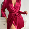 Solid Satin Night Robe Long Sleeve V Neck Robe With Belt Women's Sleepwear