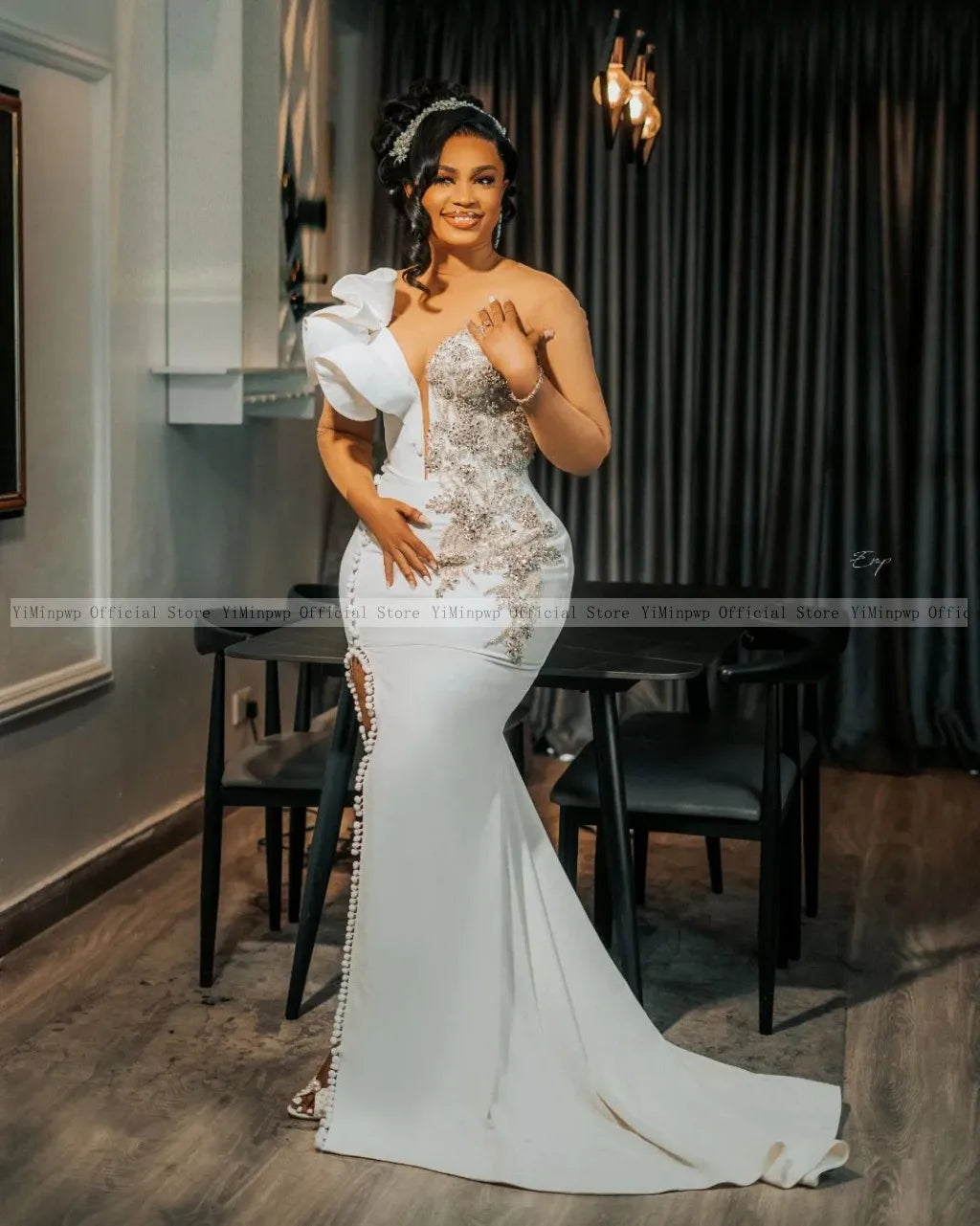 Nigeria Mermaid Wedding Dresses for Bride Sheer Neck Long Sleeve Side Split Ruffles Africa Wedding Reception Gowns Customized