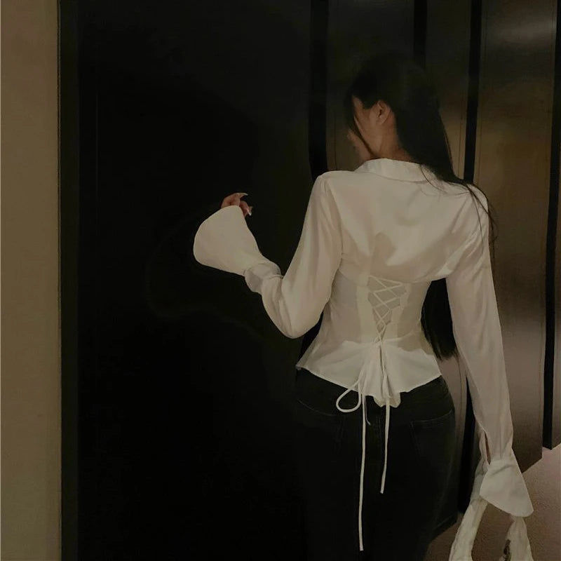 Gidyq Fashion Women Bandage Shirts Korean All Match Streetwear Female Slim Blouse Spring Casual White Bell Sleeve Shirt New