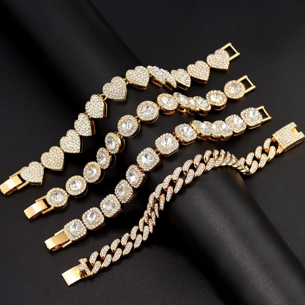 Iced Out Pink Cuban Bracelet for Women Hip Hop Gold Silver Color Crystal Heart Circle Square Bracelet 4Pcs Set Jewelry Gift