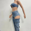 Denim Pants Sets for Women 2024 Sexy Streetwear Two Piece Set Outfits Chest Wrap Sleeveless Backless Top Hollow Out Jeans
