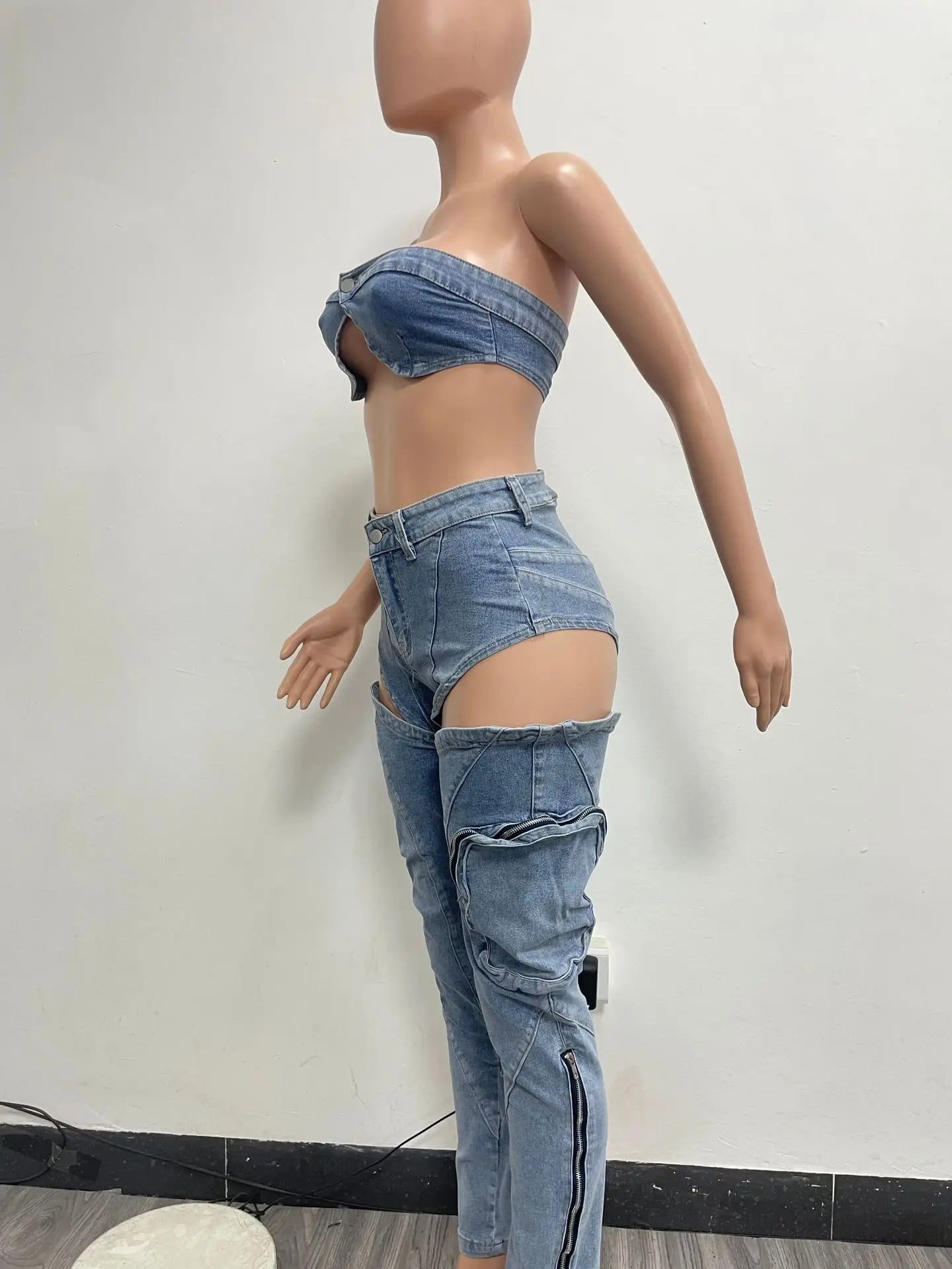 Denim Pants Sets for Women 2024 Sexy Streetwear Two Piece Set Outfits Chest Wrap Sleeveless Backless Top Hollow Out Jeans