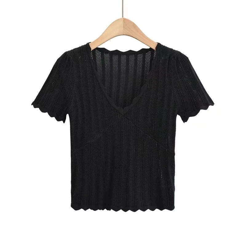 Women V Neck Knitted Crochet Tee With