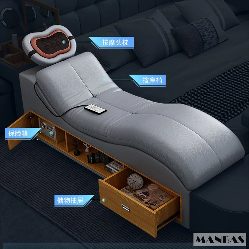 Linlamlim Luxury King Size Genuine Leather Bed / Tech Smart Bed / Multifunctional Ultimate Beds / Massage Bed with USB,Projecter
