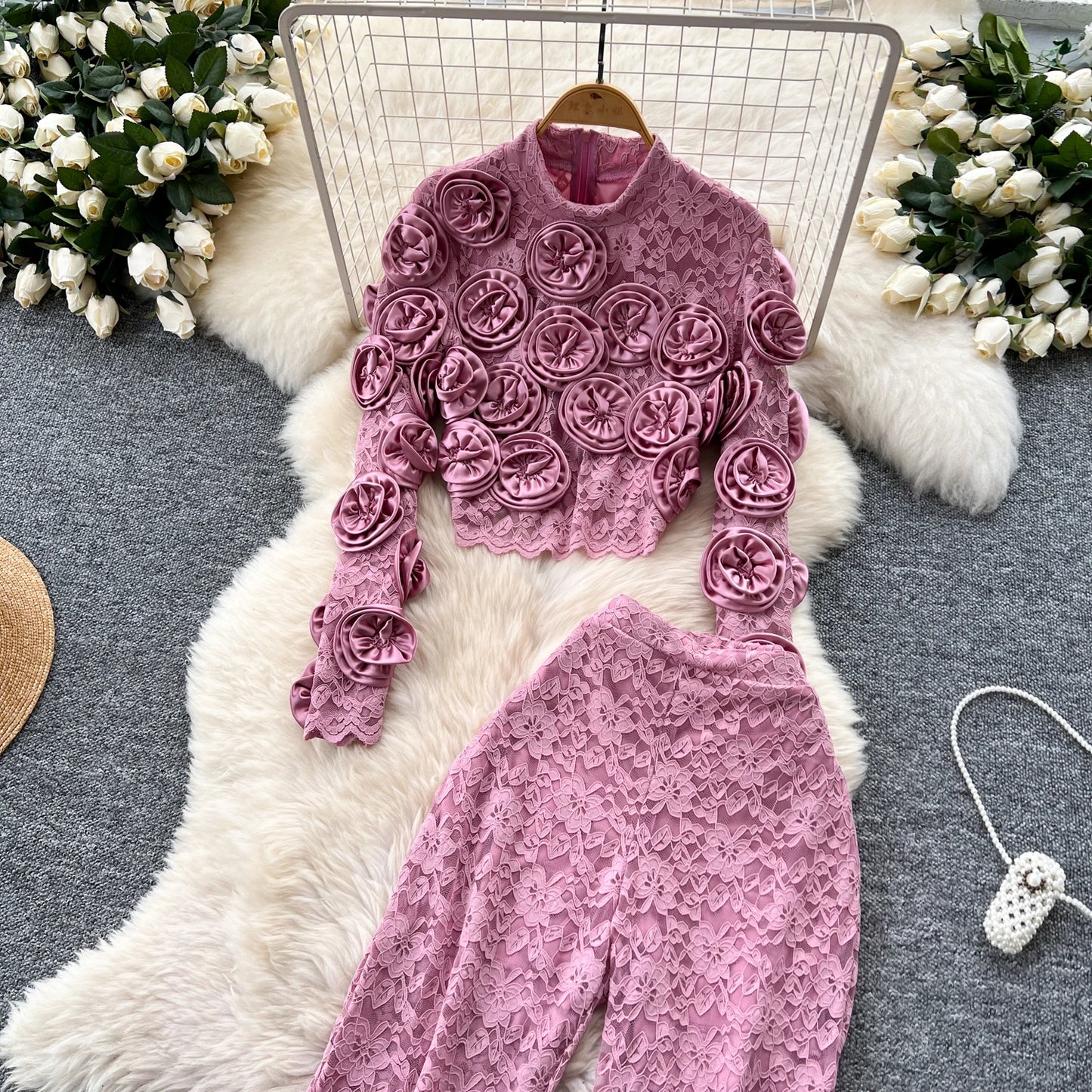 Women  Three-dimensional floral  loose T Shirt Bodycone Tops Female High Street Y2k Tops  Summer Two Piece Set