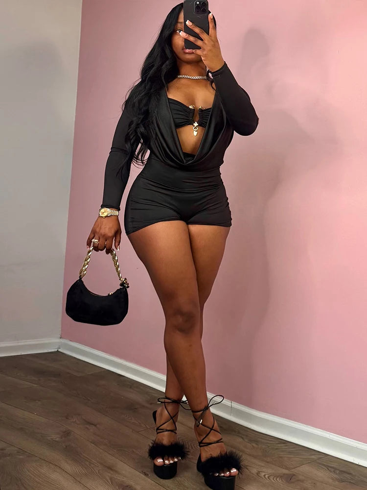 Insglas Spring Trend Swing Collar Sexy Women Romper+Metal buckle Bra Hipster Midnight Party New Workout Fit Coquette Playsuits