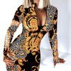 Sexy Long Sleeve Bodycon Mini Dress Women Autumn 2023 Fashion Deep V Neck Print Club Outfits Party Dresses Casual Robe Femme