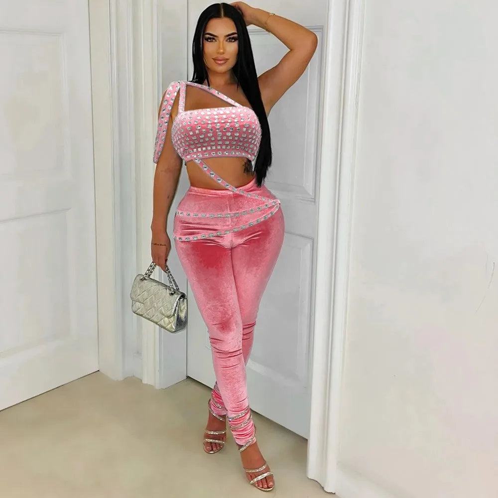 Joskaa Women Velvet 2 Piece Sets Sexy Diamonds Wrap Chest Tank Tops and Pencil Pants Match Winter Party Club Outfits Streetwear