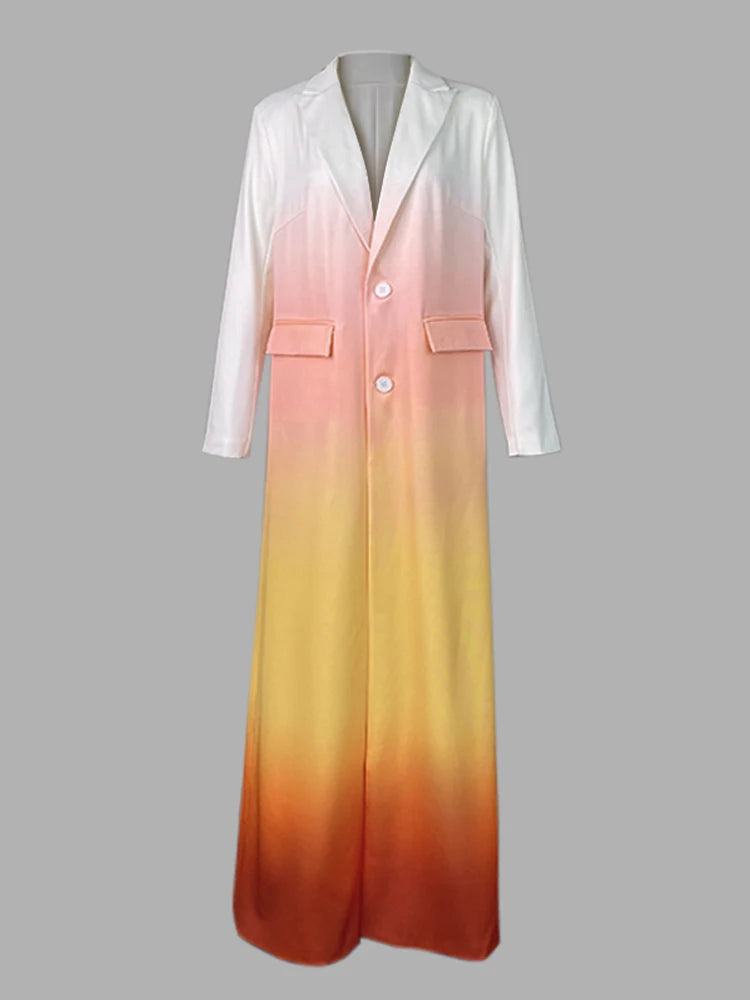Beautyblue Gradient Outerwear Long Blazer for Women 2025 New Fashion Buttoned Pockets Chic Notched Collar Elegant Woolen Coats