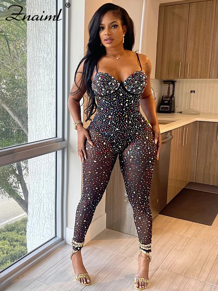 Znaiml Luxury Birthday Night Club Party One Piece Rompers and Jumpsuits for Women Sexy Mesh Sheer Colourful Diamonds Overalls