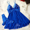Contrast Lace Ruffle Trim Lingerie Set, Deep V Slip Dress & Thong, Women's Sexy Lingerie & Underwear