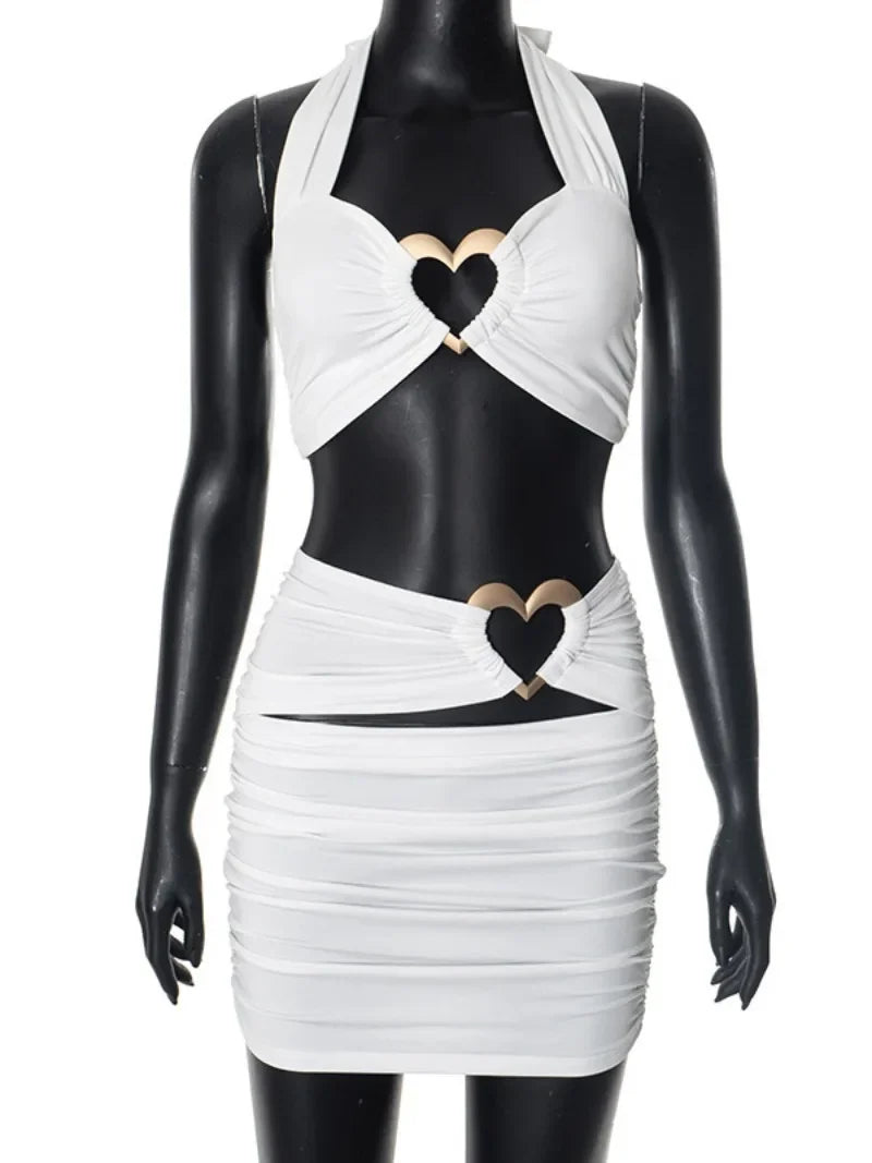 Sexy Metal Loving Heart 2 Piece Dresses Sets Halter Bandage Corset Tops and Mini Skirts Night Club Outfit White Black Streetwear