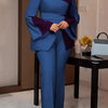 Znaiml Women's Fashion Patchwork Long Flare Sleeve Tops and Wide Leg Pants Blue Two 2 Piece Set Casual OL Work African Outfit