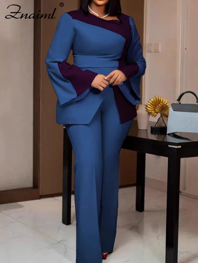 Znaiml Women's Fashion Patchwork Long Flare Sleeve Tops and Wide Leg Pants Blue Two 2 Piece Set Casual OL Work African Outfit