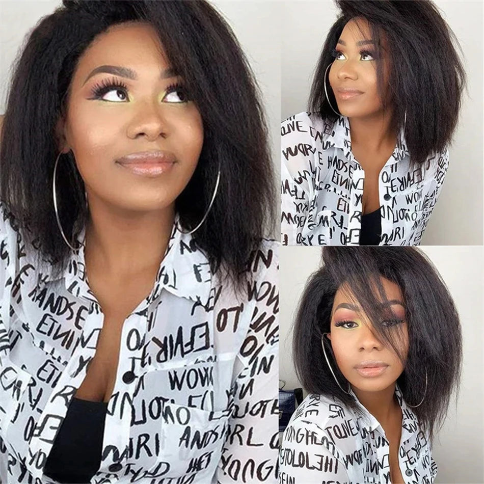 Peruvian Kinky Straight Wig Glueless Short Bob Wigs Human Hair 13X4 Yaki Straight Lace Front Wig Pre Plucked Closure Wig 180%