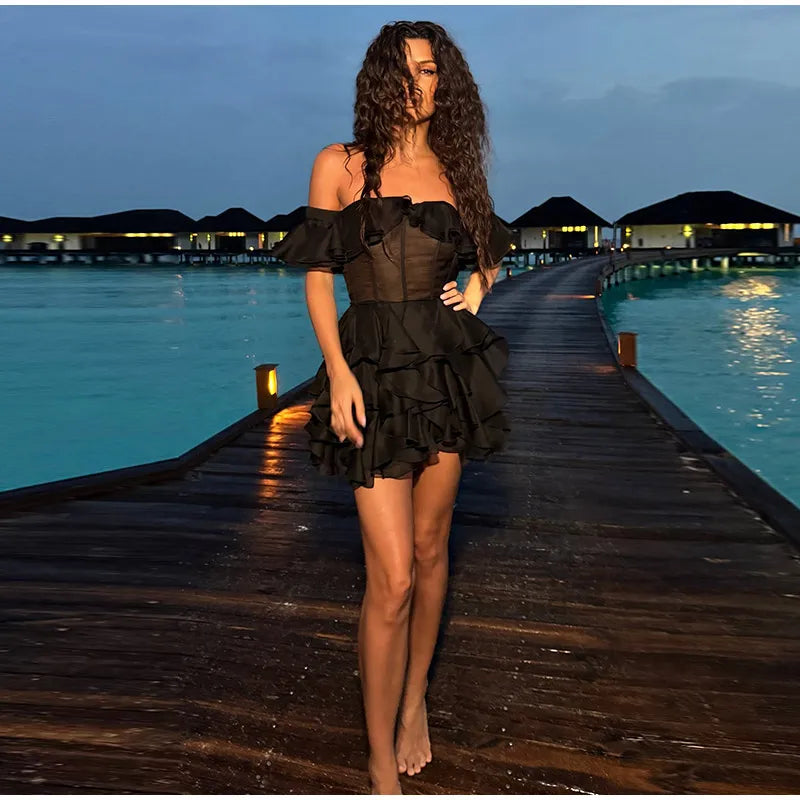 Chic Off-Shoulder Flounce Mesh Dress Woman Transparent Solid Color Layered Short Dresses Sexy Beach Vacation Women's Mini Dress