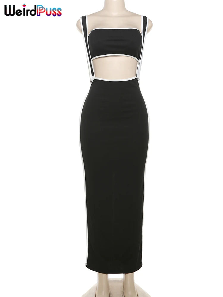 Weird Puss Summer Trend 2 Piece Set Women White Edging Strapless Tops+Shoulder Straps Dress Stretch Matching Streetwear Outfits