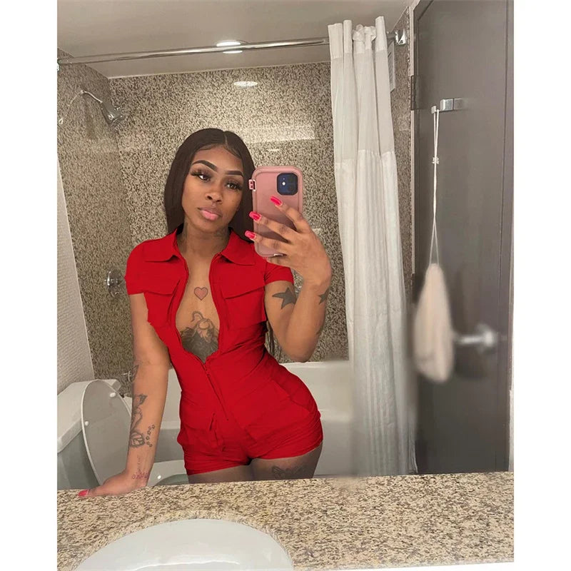 Streetwear Zipper Pockets Shorts Jumpsuit Women Clothing Short Sleeve Skinny Cargo Playsuit Summer Casual One Pieces Romper