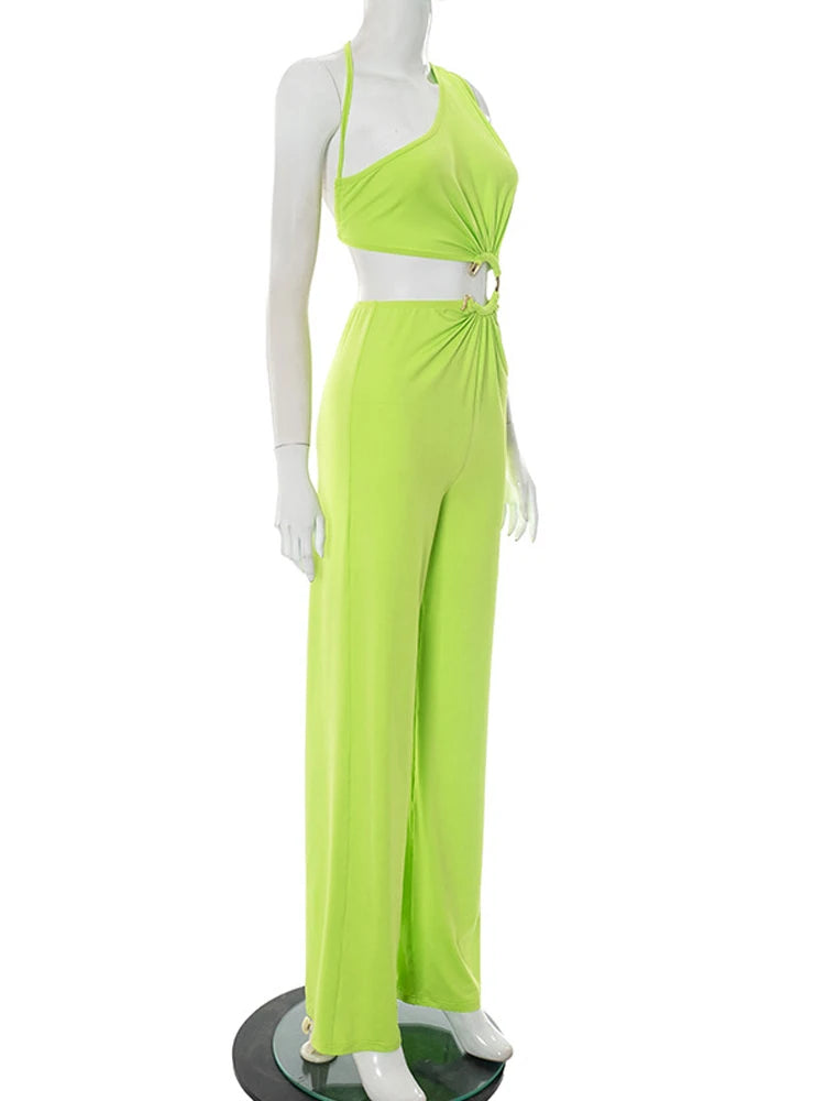 Beyprern Women's Open Back Cutout Jumpsuits With Snake Tirm Sexy Rompers Summer Lace-Back Bandage Wide Legs Jumpsuits Overalls