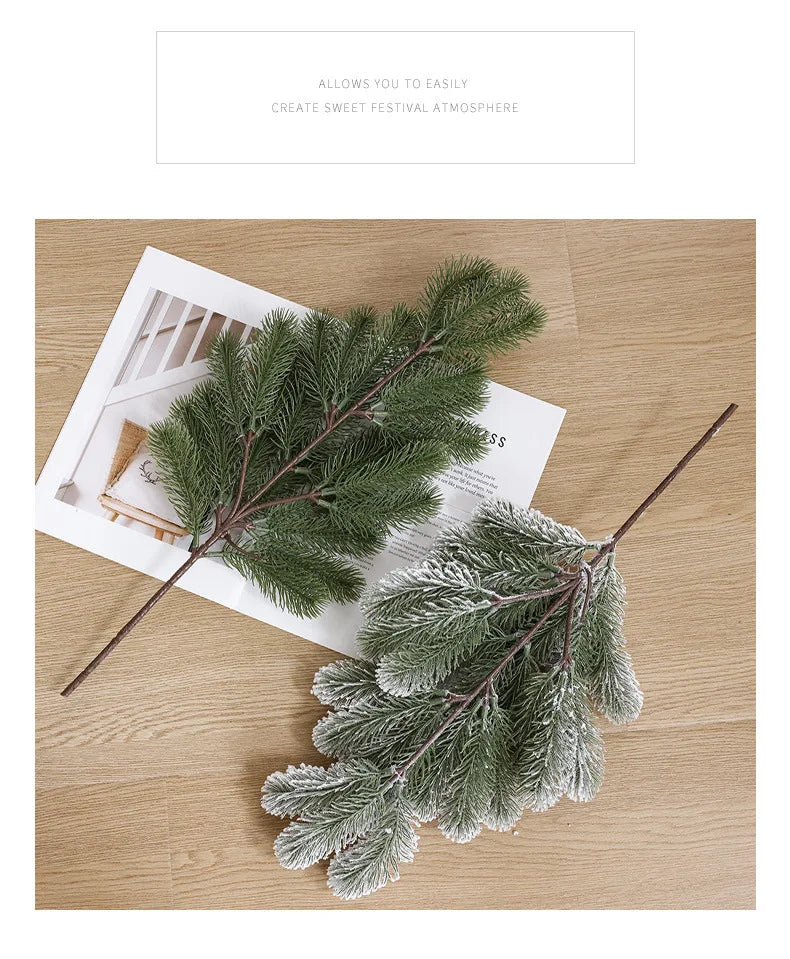 Artificial Pine Needles Branches Christmas Fake Snowy Pine Picks Twigs Winter Sprays Greenery Stems for Xmas Tree Garlands Decor
